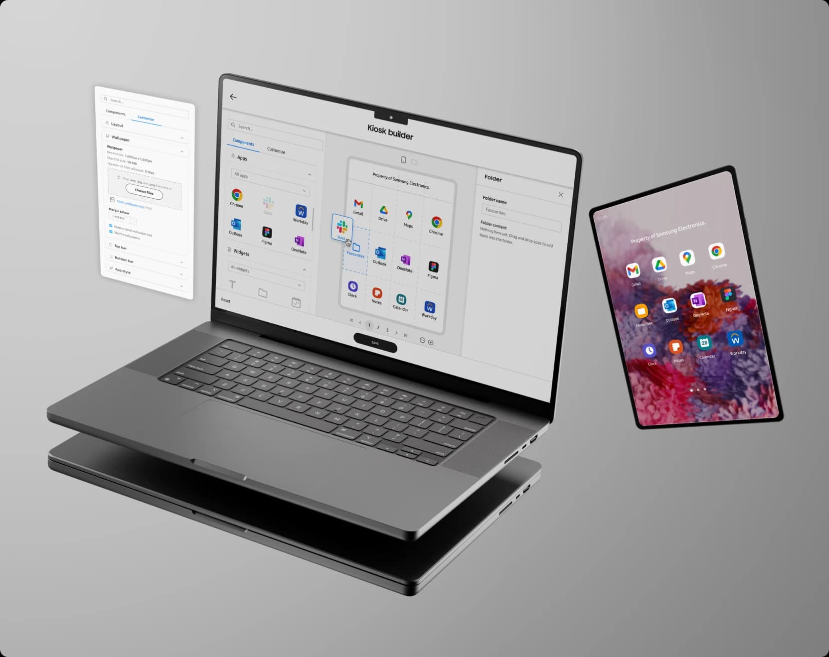 Samsung Electronics kiosk builder shown on a laptop and tablet, with an app grid being arranged.