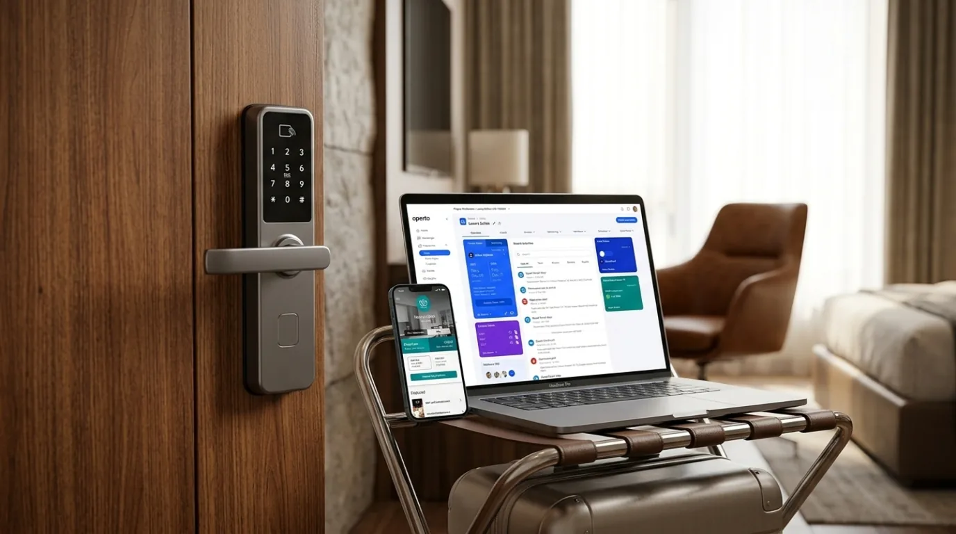 Operto property management dashboard on a laptop and phone beside a smart door lock at a hotel room.